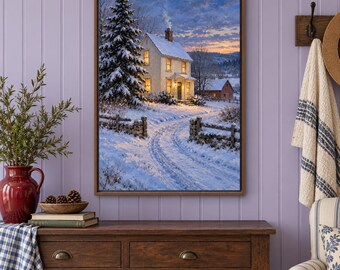 May include: A framed wall art print depicting a winter landscape with a two-story house, a snow-covered pine tree, and a stone fence along a path. The scene features warm glowing windows against a twilight sky with soft clouds and snow.