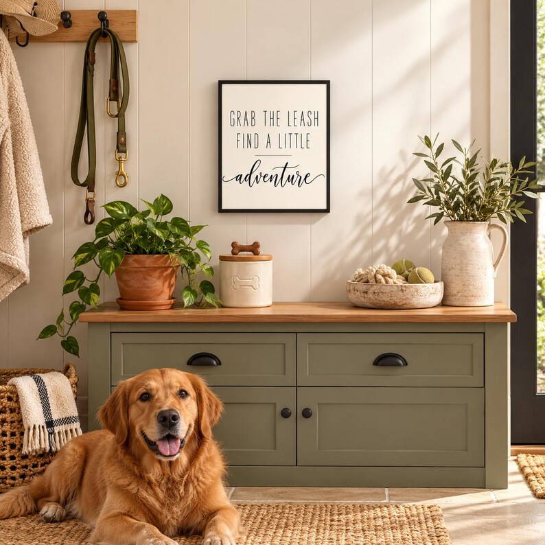 Op de afbeelding: Een rechthoekig wandbord met een witte achtergrond en zwarte tekst die luidt GRAB THE LEASH FIND A LITTLE adventure. Het bord is zwart omlijst en bevestigd aan een witte paneelwand boven een groene houten opbergbank.
