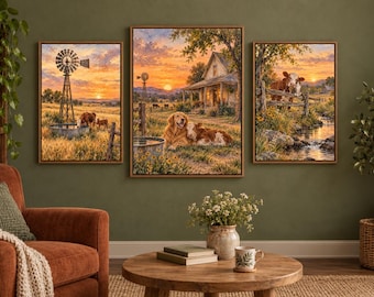 May include: A triptych wall art set featuring rural farm scenes at sunset. The left panel shows a windmill and cattle, the center panel depicts a dog and calf resting near a house, and the right panel displays a cow by a stream.