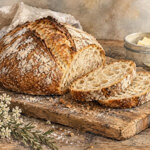 May include: A round loaf of sourdough bread with a dark, flour-dusted crust and two sliced pieces, resting on a weathered wooden cutting board alongside a small ceramic dish of butter, a butter knife, and a sprig of white flowers.