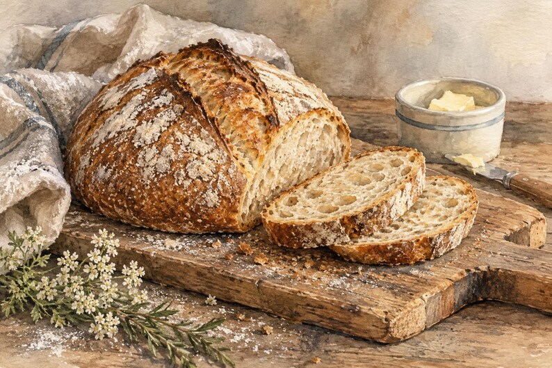 May include: A round loaf of sourdough bread with a dark, flour-dusted crust and two sliced pieces, resting on a weathered wooden cutting board alongside a small ceramic dish of butter, a butter knife, and a sprig of white flowers.