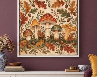 May include: A square wall art print featuring a detailed illustration of various mushrooms, including a large red-capped specimen, surrounded by autumn-colored oak leaves, small green sprigs, and brown acorns on a light beige background.