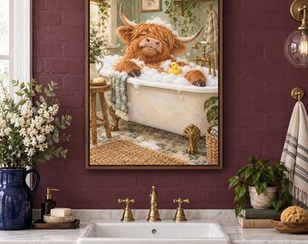 May include: A framed wall art print depicting a brown Highland cow with long horns relaxing in a white clawfoot bathtub filled with soap bubbles. A small yellow rubber duck floats in the bubbles. The scene is set in a bathroom with green walls.