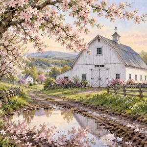 Puede incluir: Una pintura de paisaje que representa un granero blanco con una c&uacute;pula al final de un camino de tierra embarrado. Un gran &aacute;rbol con flores rosadas cuelga sobre el primer plano, mientras un muro de piedra y una valla de madera bordean el campo.