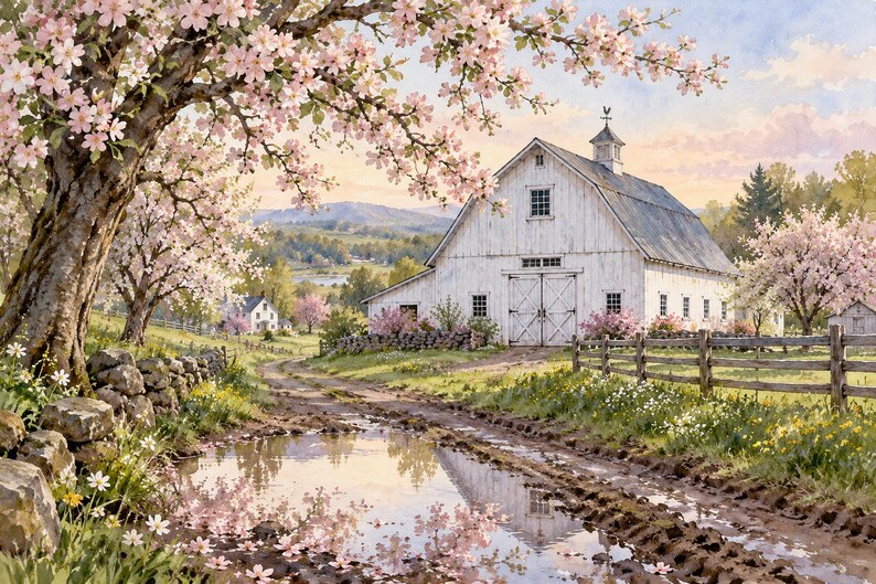 Puede incluir: Una pintura de paisaje que representa un granero blanco con una c&uacute;pula al final de un camino de tierra embarrado. Un gran &aacute;rbol con flores rosadas cuelga sobre el primer plano, mientras un muro de piedra y una valla de madera bordean el campo.
