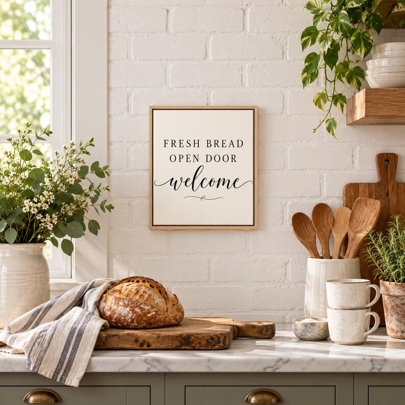 May include: A square wall sign with a light-colored background and a thin wooden frame. The text reads FRESH BREAD OPEN DOOR welcome in black lettering. The sign is displayed on a white brick wall above a kitchen counter with bread.