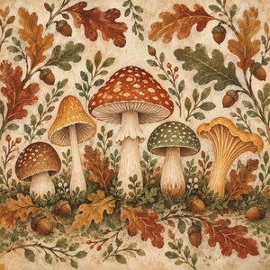 May include: A botanical illustration featuring a central large red mushroom with white spots, flanked by a yellow mushroom, a green mushroom, and a golden chanterelle. The scene is surrounded by brown oak leaves and acorns.