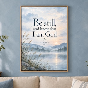 May include: A rectangular wall art print in a light wood frame featuring a serene lake landscape at sunrise with tall grasses in the foreground. The text reads: Be still, and know that I am God, Psalm 46:10 KJV, in dark blue lettering.