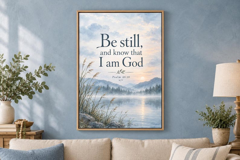 May include: A rectangular wall art print in a light wood frame featuring a serene lake landscape at sunrise with tall grasses in the foreground. The text reads: Be still, and know that I am God, Psalm 46:10 KJV, in dark blue lettering.