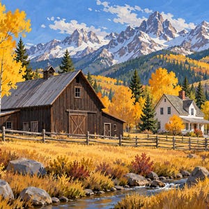 May include: A landscape painting featuring a dark brown wooden barn and a white house situated in a field with yellow autumn trees. A small stream flows in the foreground past gray rocks, with a wooden fence and snow-capped mountains behind.