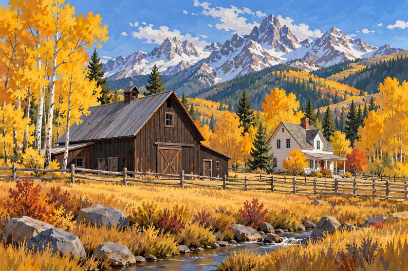 May include: A landscape painting featuring a dark brown wooden barn and a white house situated in a field with yellow autumn trees. A small stream flows in the foreground past gray rocks, with a wooden fence and snow-capped mountains behind.