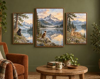 May include: A triptych of framed wall art prints featuring mountain landscapes. The left panel shows a bear, the center panel a dog, and the right panel a deer. Each scene depicts a lake, pine trees, and snow-capped peaks at sunset.