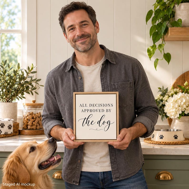 May include: A square wooden sign with a light background and black text that reads ALL DECISIONS APPROVED BY the dog. The sign features a simple serif font for the upper text and a decorative script font for the word the dog.