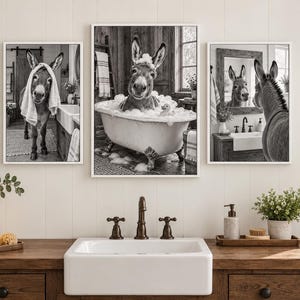 May include: A set of three black and white wall art prints featuring a donkey in a bathroom setting. The left print shows a donkey with a towel on its head, the center shows a donkey in a bubble bath, and the right shows a donkey looking in a mirror.