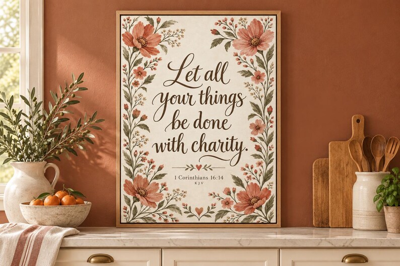 May include: A rectangular wall art print in a light wood frame featuring the text Let all your things be done with charity and 1 Corinthians 16:14 KJV. The design is bordered by watercolor-style pink flowers and green foliage.
