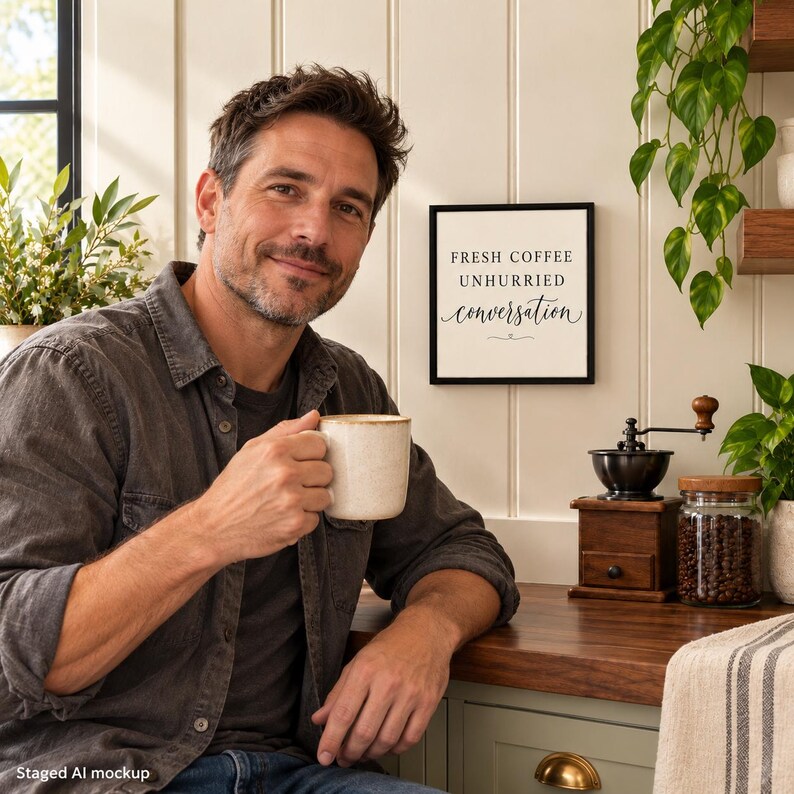 May include: A square wall sign with a black frame and white background features the black text FRESH COFFEE UNHURRIED conversation. The sign is displayed on a white panelled wall next to a coffee grinder and a jar of coffee beans.
