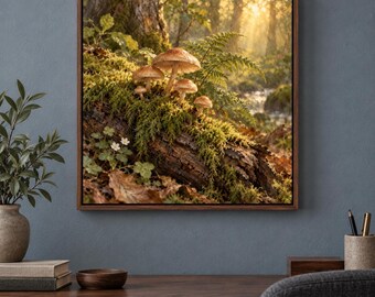 May include: A square framed wall art piece depicting a forest scene with several light brown mushrooms growing on a moss-covered log. The background shows a sunlit woodland area with green ferns and soft golden light filtering through trees.