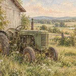 May include: A weathered green tractor sits parked beside a rustic wooden barn in a grassy field. The tractor features large black tyres, an open operator seat, and a steering wheel. Wildflowers grow around the base of the vehicle.