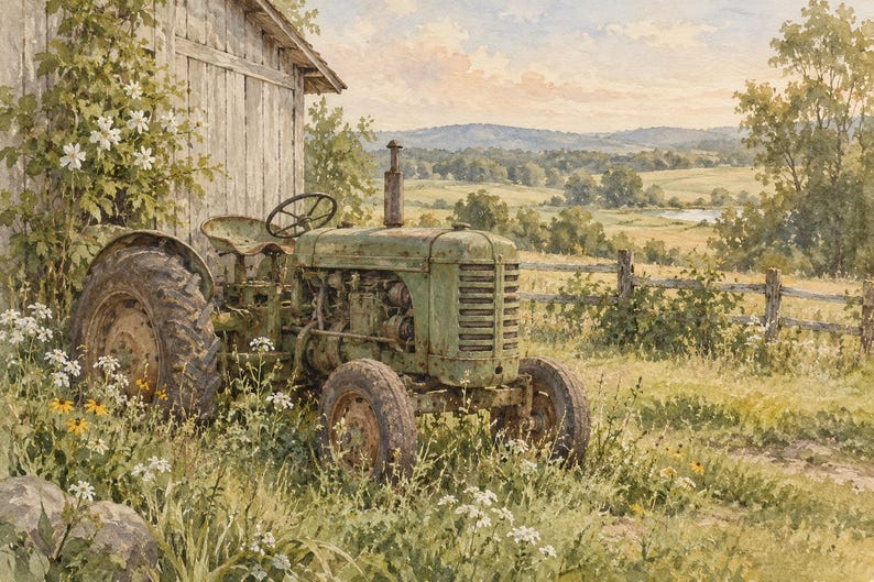 May include: A weathered green tractor sits parked beside a rustic wooden barn in a grassy field. The tractor features large black tyres, an open operator seat, and a steering wheel. Wildflowers grow around the base of the vehicle.