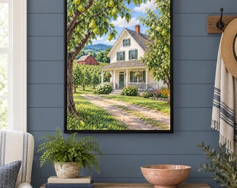 May include: A framed wall art print depicting a light-colored farmhouse with a porch, surrounded by a lush pear orchard with green fruit hanging from branches, a dirt path leading to the house, and a red barn in the distant background.