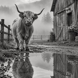 Puede incluir: Una fotograf&iacute;a en blanco y negro de una vaca Highland de pelo largo con cuernos grandes de pie en un camino de tierra junto a un granero de madera. Un charco en primer plano refleja la vaca y el granero, con un bosque brumoso al fondo.
