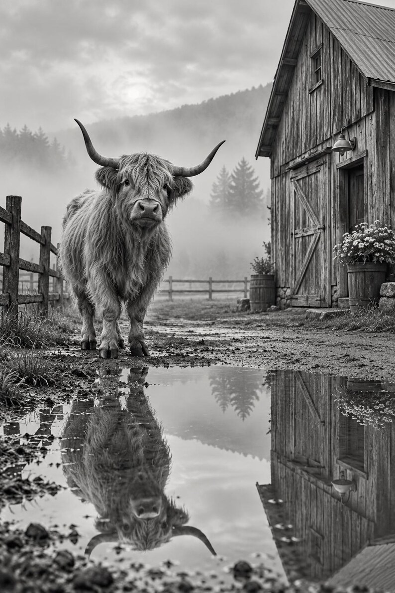 Puede incluir: Una fotograf&iacute;a en blanco y negro de una vaca Highland de pelo largo con cuernos grandes de pie en un camino de tierra junto a un granero de madera. Un charco en primer plano refleja la vaca y el granero, con un bosque brumoso al fondo.