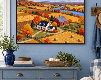 May include: A framed landscape painting depicting a rural scene with a white house, a red barn, golden hay fields, and a winding blue river under a clear sky. The artwork features vibrant autumn foliage in shades of orange, yellow, and red.