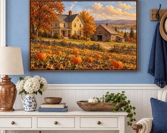 May include: A rectangular framed wall art print depicting a rural autumn landscape with a yellow farmhouse, a wooden barn, and a field filled with orange pumpkins under a soft sunset sky with scattered clouds and golden trees.