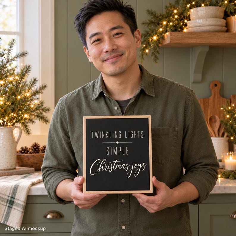 May include: A square wooden-framed sign with a black background and white text that reads: TWINKLING LIGHTS, SIMPLE, Christmas joys. The sign features a small star icon between the first two lines and uses a mix of sans-serif and script fonts.