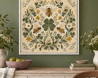 May include: A square wall art print in a white frame featuring a symmetrical botanical illustration of three bees surrounded by white clover flowers, green clover leaves, and small yellow blossoms on a textured cream-colored background.