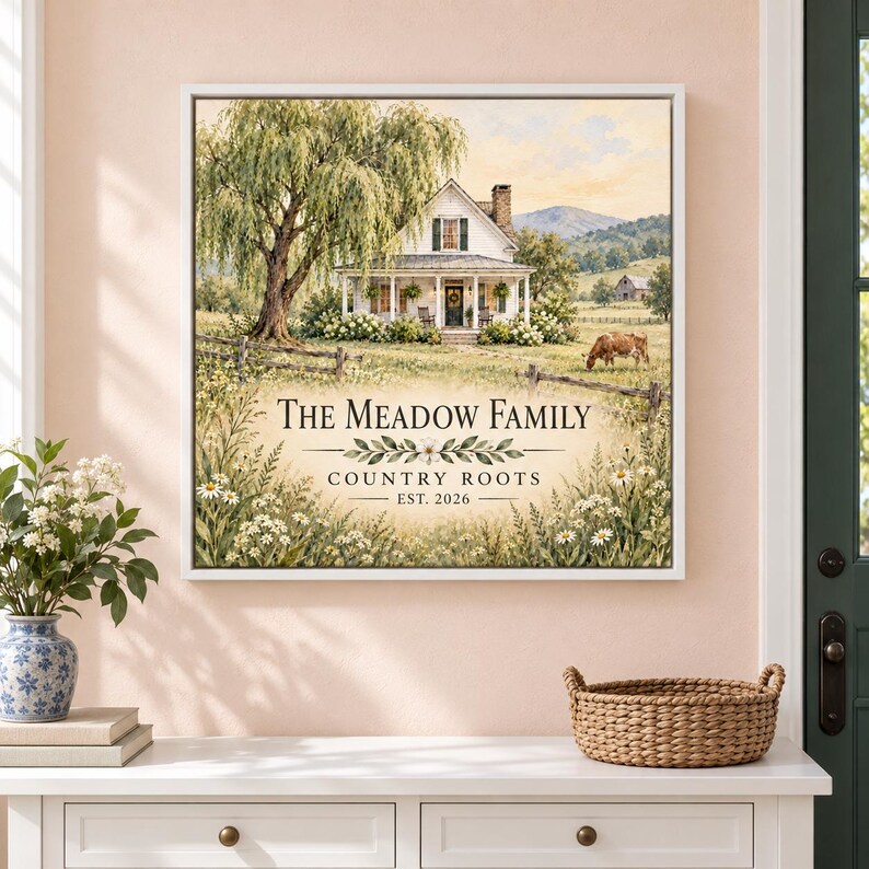 May include: A square framed wall art print featuring a white farmhouse with a porch, a large willow tree, a grazing cow, and a mountain landscape. The text reads: The Meadow Family, Country Roots, Est. 2026, centered over a field of wildflowers.