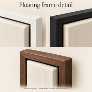 K&ouml;nnte beinhalten: Floating frame detail mit drei Leinwandrahmen in Wei&szlig;, Schwarz und dunkler Holzoptik. Jeder Rahmen zeigt eine texturierte, cremewei&szlig;e Leinwandplatte in einem vertieften Rand. Text: Floating frame detail und Illustrative product mockups &bull; Grain and stain tones vary.