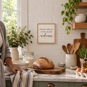 May include: A square wall sign with a light wood frame and white background featuring the black text FRESH BREAD OPEN DOOR welcome. The sign is displayed on a white brick wall above a kitchen counter with a loaf of bread on a wooden board.