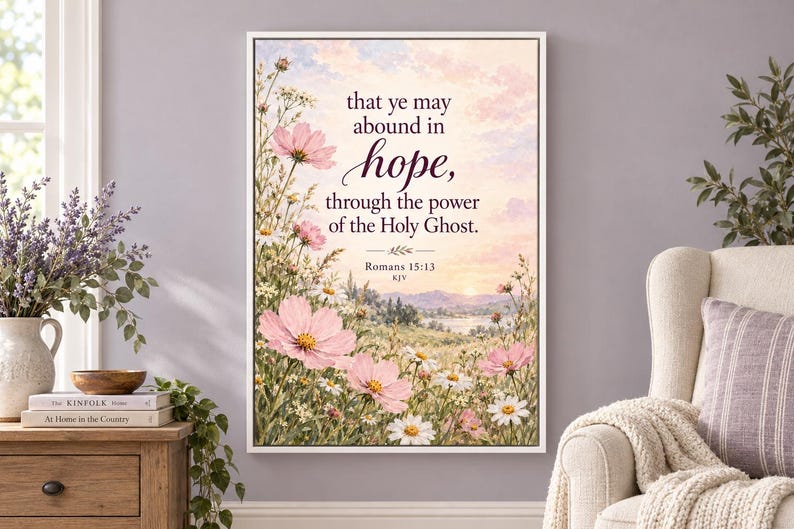May include: A rectangular wall art print featuring a field of pink cosmos and white daisies under a soft sunrise sky. The text reads: that ye may abound in hope, through the power of the Holy Ghost. Romans 15:13 KJV, centered in dark purple.