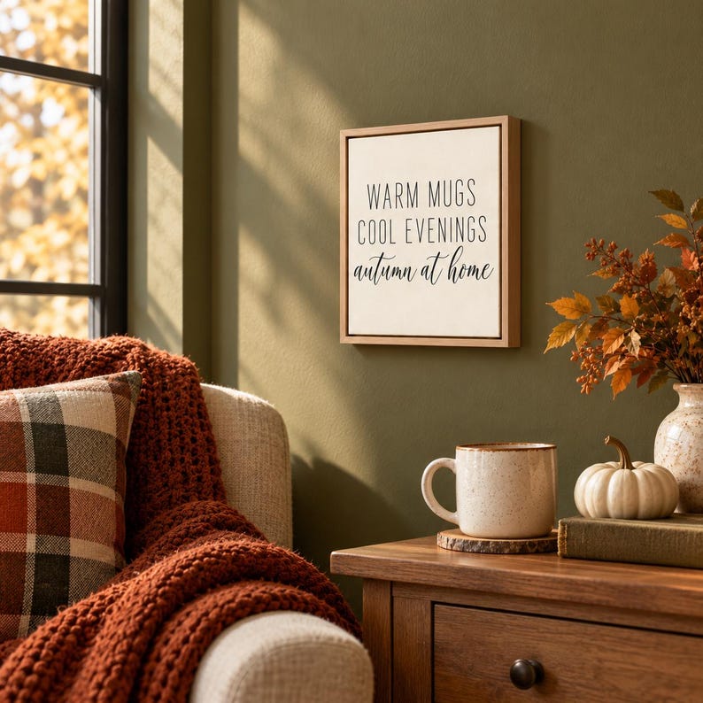 May include: A square wall sign with a light-colored background and a thin wooden frame. The sign features black text that reads: WARM MUGS COOL EVENINGS autumn at home. The lettering is presented in a mix of block and script fonts.
