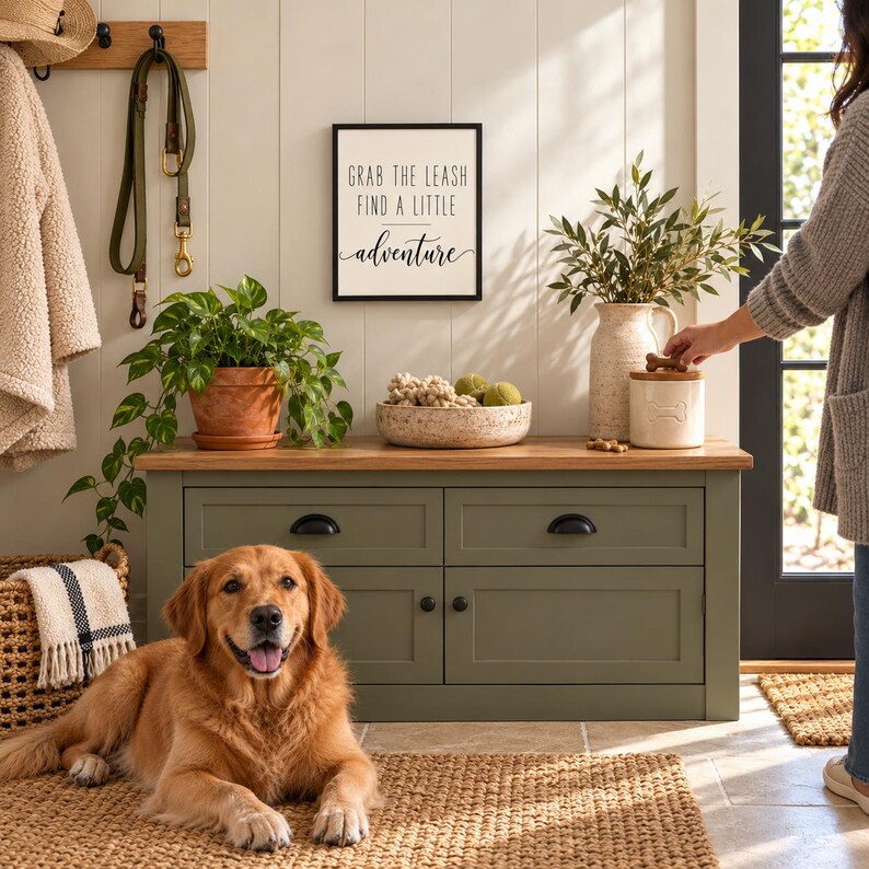 Op de afbeelding: Een vierkant wandbord met een zwarte lijst en witte achtergrond met de zwarte tekst "GRAB THE LEASH FIND A LITTLE adventure". Het bord is bevestigd aan een witte lambrisering boven een saliegroene houten opbergbank.