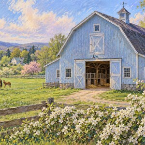 May include: A painting of a light blue barn with a cupola, situated in a green pasture with a brown horse and foal. A wooden fence runs along the foreground, partially obscured by white flowering bushes, with rolling hills in the distance.