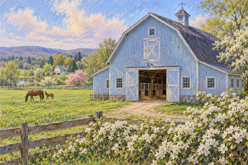 May include: A painting of a light blue barn with a cupola, situated in a green pasture with a brown horse and foal. A wooden fence runs along the foreground, partially obscured by white flowering bushes, with rolling hills in the distance.