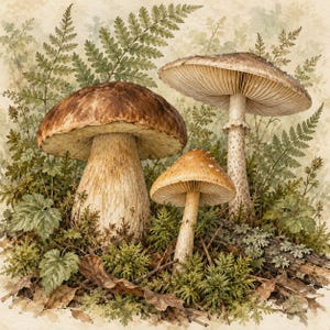 Op de afbeelding: Een aquarelillustratie met drie paddenstoelen van verschillende groottes, genesteld tussen groene varens, mos en gevallen bladeren. De grootste paddenstoel heeft een dikke, afgeronde bruine hoed en een lichte steel.
