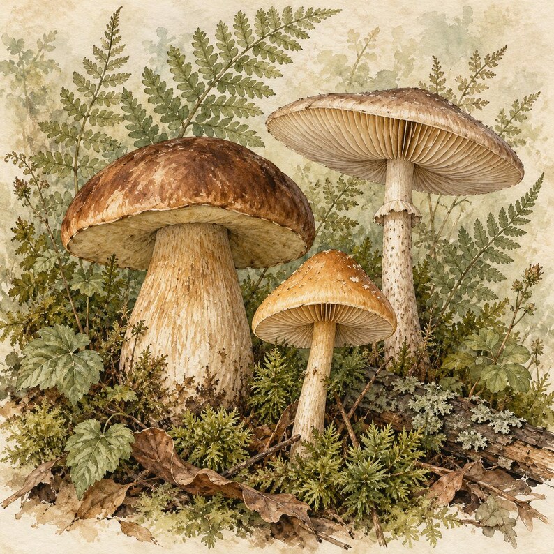 Op de afbeelding: Een aquarelillustratie met drie paddenstoelen van verschillende groottes, genesteld tussen groene varens, mos en gevallen bladeren. De grootste paddenstoel heeft een dikke, afgeronde bruine hoed en een lichte steel.