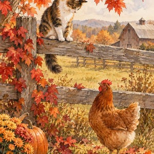 May include: A watercolor painting depicts a calico cat perched on a weathered wooden fence above a brown chicken. The scene features vibrant orange maple leaves, a pumpkin, and yellow chrysanthemums in a rural setting with a barn.