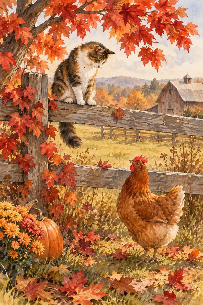 May include: A watercolor painting depicts a calico cat perched on a weathered wooden fence above a brown chicken. The scene features vibrant orange maple leaves, a pumpkin, and yellow chrysanthemums in a rural setting with a barn.