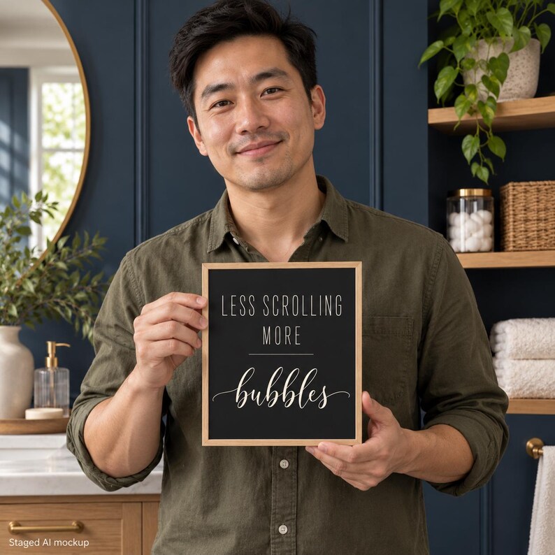 May include: A rectangular sign with a light wood frame and a black background featuring the white text LESS SCROLLING MORE bubbles. The sign is held upright, displaying a clean, modern design with a mix of sans-serif and script fonts.