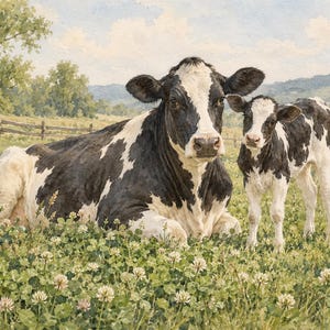 May include: A watercolor painting of a black and white cow lying down in a field of clover, with a small black and white calf standing beside it. The scene includes a wooden fence, green trees, and rolling hills in the background.