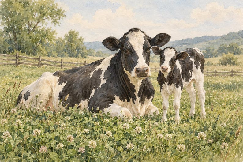 May include: A watercolor painting of a black and white cow lying down in a field of clover, with a small black and white calf standing beside it. The scene includes a wooden fence, green trees, and rolling hills in the background.