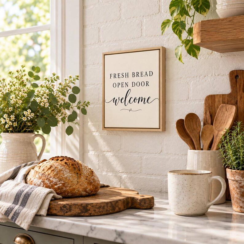May include: A rectangular wall sign with a light-colored background and a thin wooden frame. The sign features black text that reads FRESH BREAD OPEN DOOR welcome, with the word welcome written in a cursive script font.