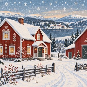 May include: A winter landscape featuring two red wooden buildings with white floral trim, snow-covered roofs, and glowing windows. A wooden fence lines a snow-dusted path leading toward a frozen lake and distant mountains under a sky with falling snowflakes.