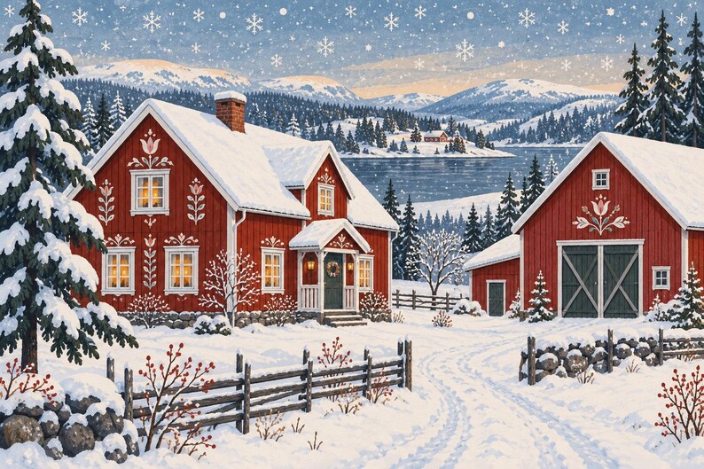 May include: A winter landscape featuring two red wooden buildings with white floral trim, snow-covered roofs, and glowing windows. A wooden fence lines a snow-dusted path leading toward a frozen lake and distant mountains under a sky with falling snowflakes.