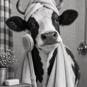May include: A black and white image of a cow in a shower, wearing a towel wrapped around its head and another draped over its shoulders. The cow holds a long-handled wooden bath brush. A small stool holds a bar of soap and a metal vase of flowers.