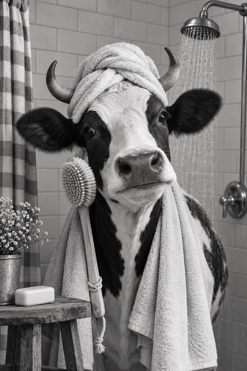 May include: A black and white image of a cow in a shower, wearing a towel wrapped around its head and another draped over its shoulders. The cow holds a long-handled wooden bath brush. A small stool holds a bar of soap and a metal vase of flowers.